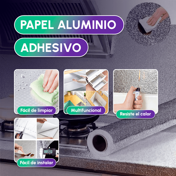 Papel Adhesivo Aluminio para Cocina | Anti-Grasa, Impermeable y Resistente al Calo + OBSEQUIO