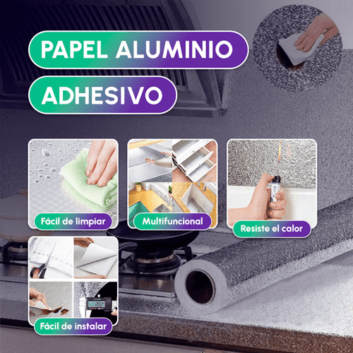 Papel Adhesivo Aluminio para Cocina | Anti-Grasa, Impermeable y Resistente al Calo + OBSEQUIO
