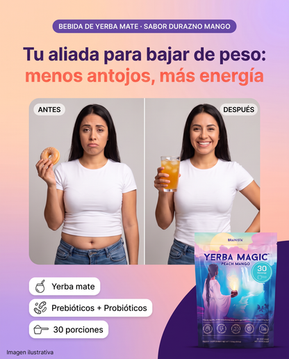 Bebida en polvo Yerba Magic Peach Mango para energía natural y enfoque