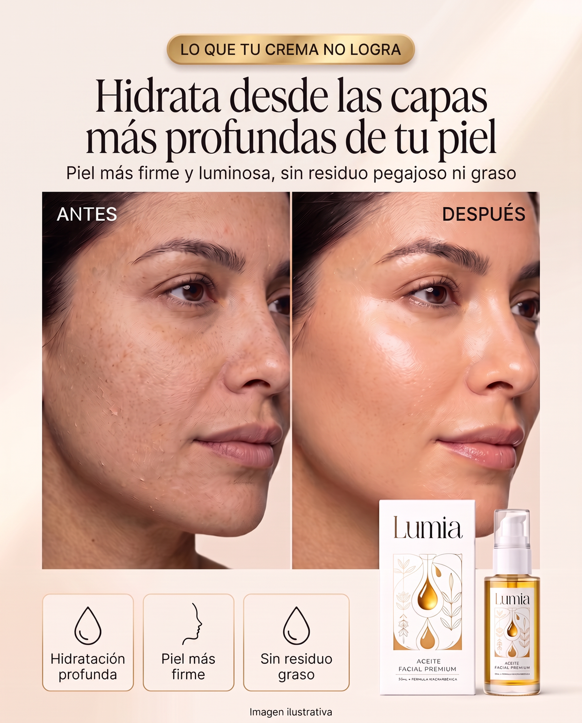 Aceite facial Lumia premium para hidratar y dar luminosidad a la piel